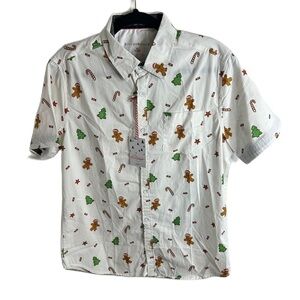 Pd&C Button Down Christmas Shirt NEW Medium White Gingerbread Man Tree Candy